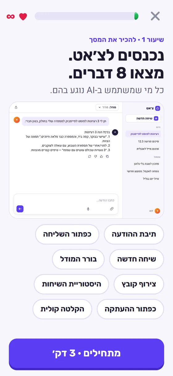 פתיחת שיעור 1, 'נכנסים לצ'אט. מצאו 8 דברים': מסך של אפליקציית צ'אט AI בעברית ושמונה תוויות, תיבת ההודעה, כפתור השליחה, שיחה חדשה, בורר המודל, צירוף קובץ, היסטוריית השיחות, כפתור ההעתקה והקלטה קולית