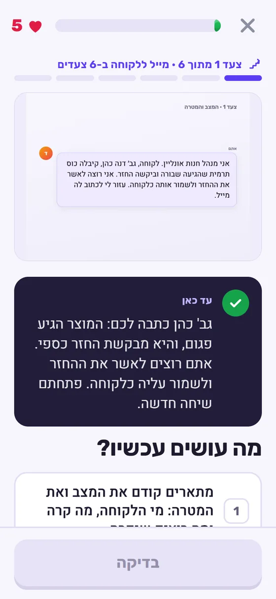 כרטיס 'מה עושים עכשיו' מהשיעור, צעד 1 מתוך 6: הודעה בצ'אט שמתארת את המצב והמטרה, גב' כהן קיבלה מוצר פגום ומבקשת החזר